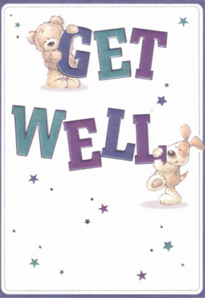 Brimming with innocence and gentle assurance, this get well card is a visual ode to heartfelt wishes-perfect for those quiet corners of Wimbledon where community care thrives. Two inviting characters-a plush teddy bear and a velvet-eared pup-come alive amidst flourishes of lively brushwork, their playful exchange centered on passing along a message of hope. Their joyful energy is underscored by soft, tactile textures that almost invite a comforting touch, much like the feel of fresh greenery in a bespoke bouquet sourced from the markets on Wimbledon Hill. Large, confident letters shaded in purples and aquas anchor the design, lending a buoyant reassurance that feels custom-made for brightening hospital rooms or cozy homes along The Broadway. Sprinkled throughout are luminous stars in shades of blue and purple, echoing the spirit of possibility and healing found in both the local parks and thoughtfully arranged flower bunches. The overall composition is airily optimistic: crisp white backgrounds, rounded lines, and expressive animal faces work together to form a scene as comforting as a familiar walk through Wimbledon Village. Whether sent alone or paired with a fresh floral delivery, this card radiates warmth and care-turning a simple gesture into a transformative moment of kindness.