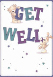 This joyful get well card radiates playful optimism and the warmth of personal care, reminiscent of Wimbledon's friendly neighborhood florist touch. Captured in soft, uplifting tones, a charming teddy bear and a puppy spring from the illustration, their cuddly forms gently balancing the large, colorful 'Get Well' message across the card's center. The indigo and teal hues of the lettering stand out vividly against a cream-white background, their lively rhythm echoed by an array of small, twinkling stars in blue and purple. Each star feels like a tiny glimmer of hope, much like the bright blooms arranged for delivery to a loved one recovering near South Park Gardens. The artists' detailed rendering of the bear's fluff and the puppy's velvety ears is so vivid it feels almost tangible, inviting the viewer to imagine their soothing comfort. As the gentle mood of the card unfolds, it's easy to picture it arriving alongside a fresh bouquet from Flower Delivery Wimbledon, carrying with it more than words-a little wellspring of encouragement for someone taking their first steps towards recovery in the heart of the community. This card, through simple illustration and expressive warmth, offers a heartfelt embrace perfectly suited to local sensibilities.